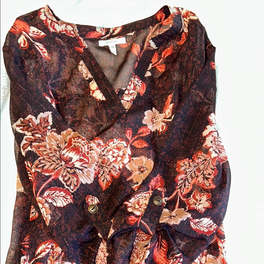 Floral Sheer Brown and Burgundy Women's Top - Picture 3 of 3